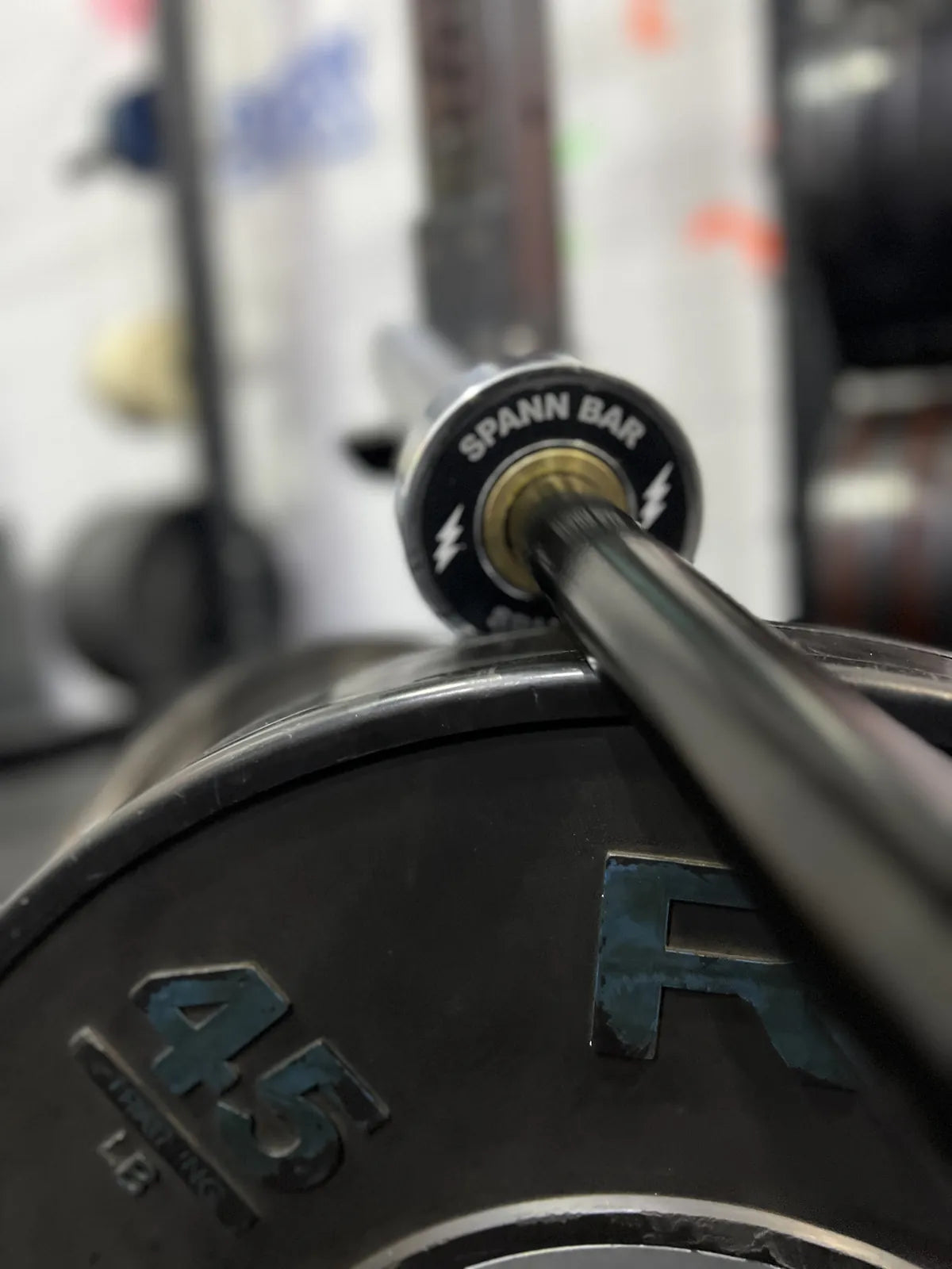 Spann Bar: The Spann Bar end cap, silver bolts, resting on a 45 lb Rogue plate.